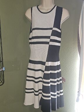 Catherine Malandrino Black and White Striped Sleeveless Midi Dress
